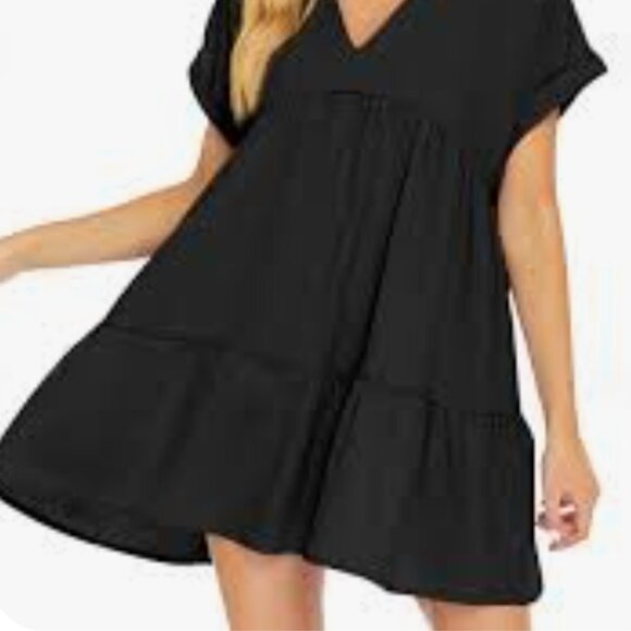 ✨ HUBERY Women's V Neck Rolled Short Sleeve Babydoll Dress – Pleated, Tiered - Picture 2 of 3